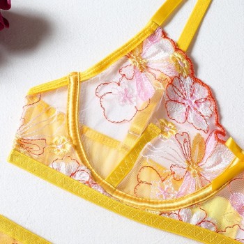 Floral Embroidery Lingerie Sexy Lace Underwear Set Women 3 Piece Push Up Bra Brief Sets Thongs Graters Underwire Bright Yellow